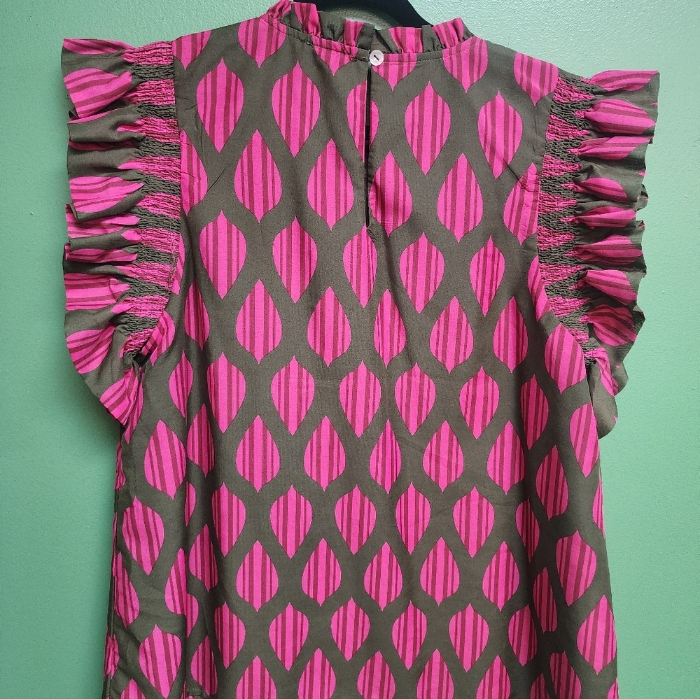 J.Marie Pink & Olive Print Ruffle Sleeve Blouse | Flutter Sleeve Top - Picture 4 of 4